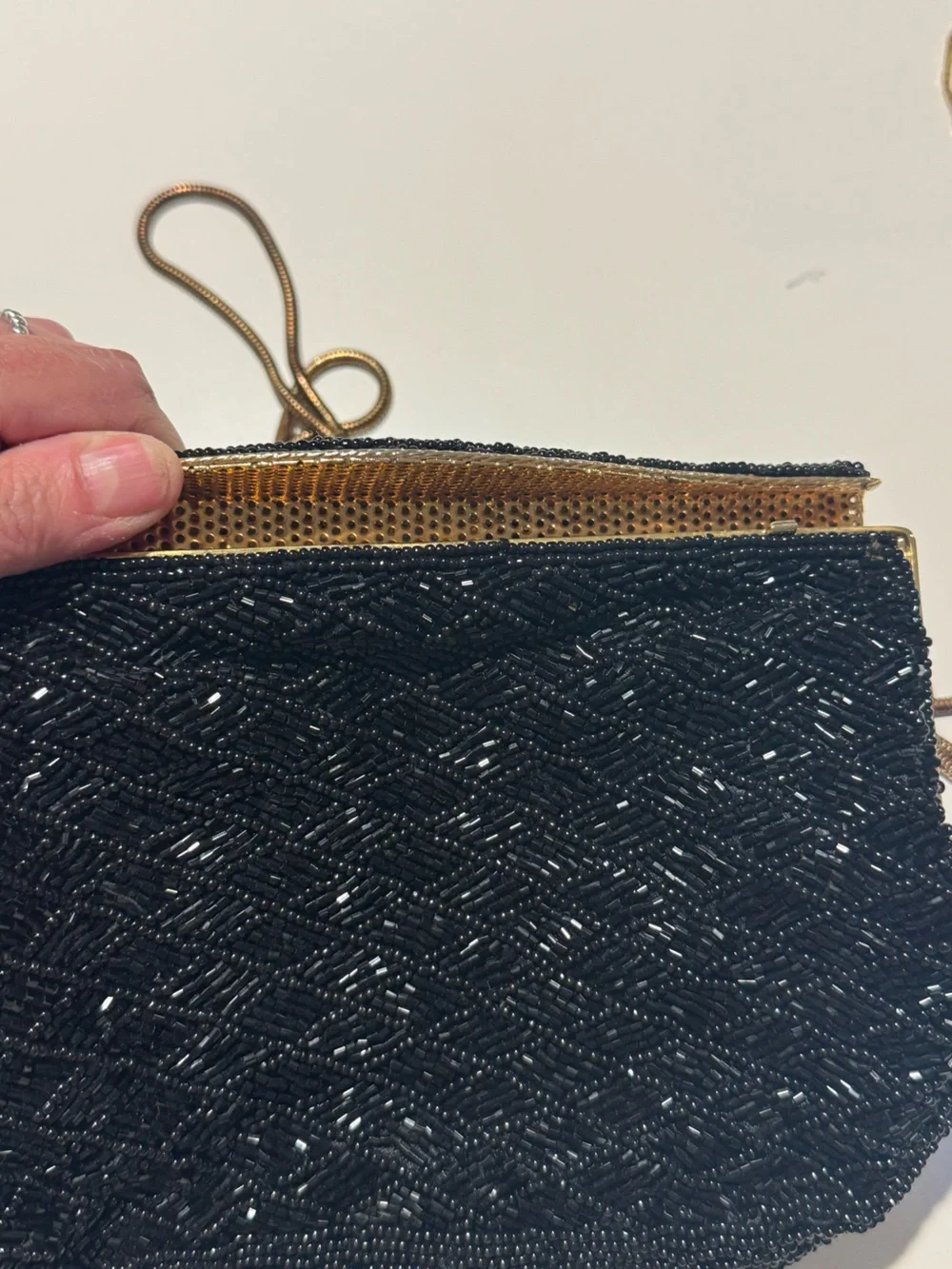 Black Beaded Evening Wristlet with Gold Chain